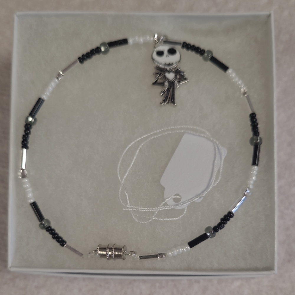 Black and Silver Beaded Ankle  Bracelet with Skull Charm